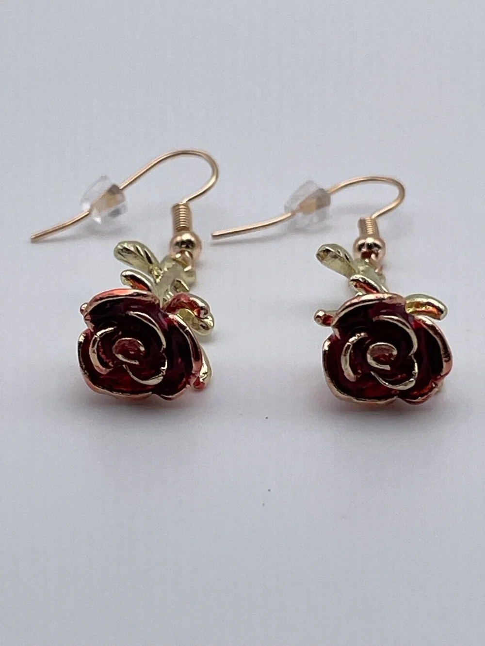Gold Red Rose Drop Earrings